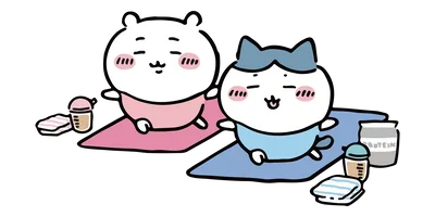 小八和一起在墊子上做瑜伽伸展的吉伊卡哇 PNG