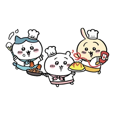 小八、烏薩奇與做蛋包飯的主廚造型吉伊卡哇透明背景圖片