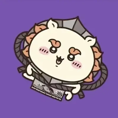 在紫色背景中身繫注連繩與瓦片可愛微笑的獅薩吉伊卡哇頭像