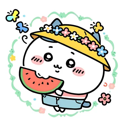 小八戴著花朵草帽開心吃西瓜的可愛夏日吉伊卡哇PFP
