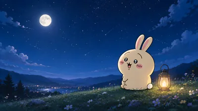별이 빛나는 밤하늘 아래 랜턴과 함께 있는 치이카와 우사기 데스크톱 배경화면