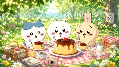 치이카와, 하치와레, 우사기가 숲속에서 푸딩 소풍을 즐기는 데스크톱 고화질 배경화면