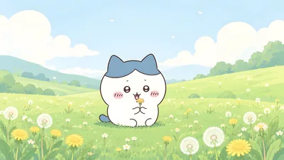 민들레 들판에서 꽃을 들고 있는 귀여운 하치와레 데스크톱 배경화면