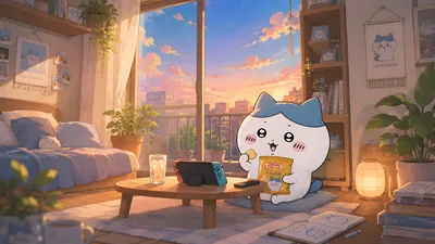 노을 지는 아늑한 방에서 간식을 먹으며 휴식하는 하치와레 데스크톱 고화질 배경화면