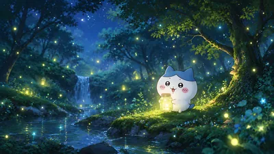 반딧불 병을 들고 밤의 숲에 있는 귀여운 하치와레 데스크톱 고화질 배경화면