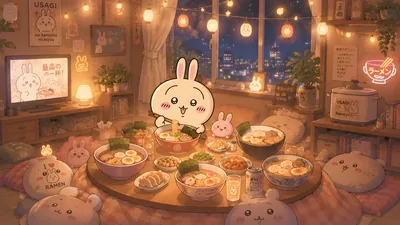 아늑한 방에서 라면을 먹는 우사기 데스크톱 배경화면