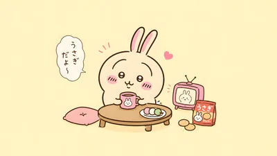 차와 삼색 경단을 먹으며 TV를 보는 귀여운 우사기 데스크톱 고화질 배경화면