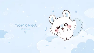 파란 구름 위에서 귀엽게 웃고 있는 치이카와 모몽가 데스크톱 배경화면