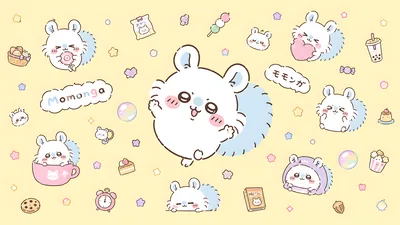 치이카와 모몽가의 귀여운 포즈와 디저트가 가득한 데스크톱 배경화면