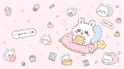 모몽가가 핑크색 쿠션에서 간식을 먹으며 휴식하는 귀여운 데스크톱 배경화면