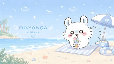 여름 해변에서 아이스크림을 먹는 귀여운 모몽가 데스크톱 배경화면
