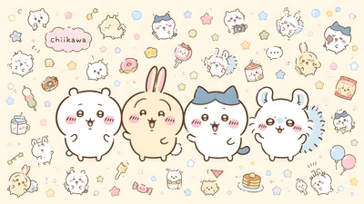 치이카와, 우사기, 하치와레, 모몽가가 다양한 간식과 함께 있는 데스크톱 배경화면