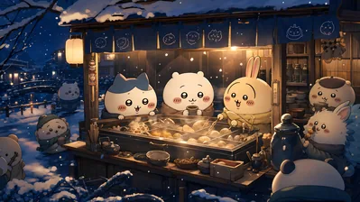 오뎅을 먹는 치이카와, 하치와레, 우사기, 모몽가 데스크톱 고화질 배경화면