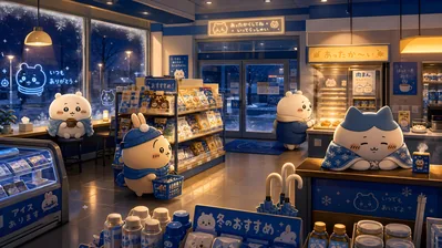 겨울 편의점 속 치이카와, 하치와레, 우사기 데스크톱 배경화면