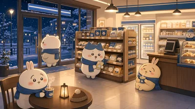 눈 오는 밤 편의점에서 따뜻한 음료를 즐기는 치이카와와 친구들 데스크톱 배경화면