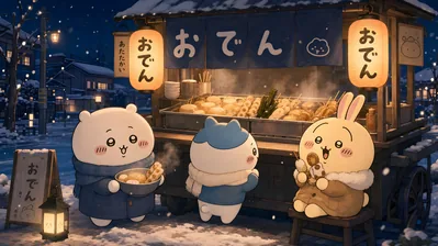 치이카와, 하치와레, 우사기가 겨울 포장마차에서 오뎅을 먹는 데스크톱 고화질 배경화면