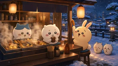 눈 내리는 밤 포장마차에서 오뎅을 먹는 치이카와 하치와레 우사기 데스크톱 배경화면