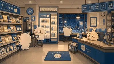 눈 내리는 밤 편의점에 모인 치이카와, 하치와레, 우사기 데스크톱 배경화면