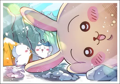 우사기의 거대한 얼굴 클로즈업과 산에서 캠핑 중인 하치와레 치이카와 데스크톱 배경화면