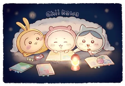 치이카와, 하치와레, 우사기가 밤에 이불 속에서 책을 읽는 데스크톱 배경화면
