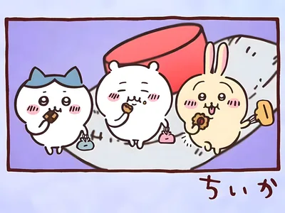 맛있는 간식을 먹으며 즐거워하는 치이카와, 하치와레, 우사기 데스크톱 배경화면