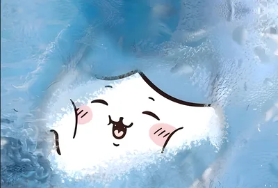 웃으며 기뻐하는 귀여운 치이카와와 환상적인 푸른 물결 데스크톱 배경화면