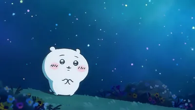 별이 빛나는 밤하늘 아래 꽃밭에서 밤하늘을 바라보는 귀여운 치이카와 데스크톱 배경화면