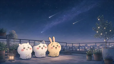 Chiikawa, Hachiware, and Usagi watching shooting stars on a rooftop for PC Wallpaper