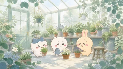 Chiikawa, Hachiware, and Usagi gardening in a sunny greenhouse for PC Wallpaper