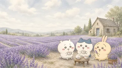 Chiikawa, Hachiware, and Usagi having tea in a lavender field for PC Background