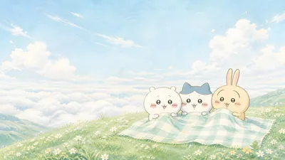 Chiikawa, Hachiware, and Usagi relaxing on a grassy hill for PC Wallpaper