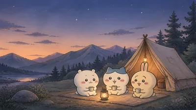 Chiikawa, Hachiware, and Usagi camping under stars for PC Background.