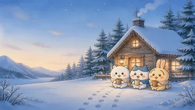Chiikawa, Hachiware and Usagi in a cozy winter snow scene for PC Wallpaper