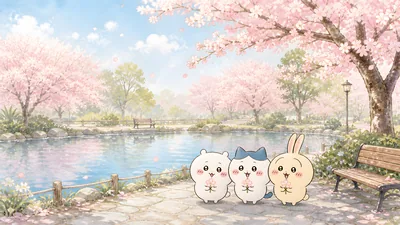 Chiikawa, Hachiware, Usagi in cherry blossom park for PC Wallpaper