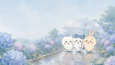 Chiikawa, Hachiware, Usagi walking in rainy hydrangeas for PC 4K Image