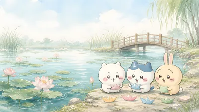 Chiikawa, Hachiware, Usagi playing with paper boats by a pond for PC Wallpaper