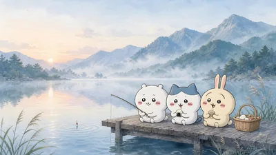 Chiikawa, Hachiware, Usagi fishing by a lake for PC Wallpaper