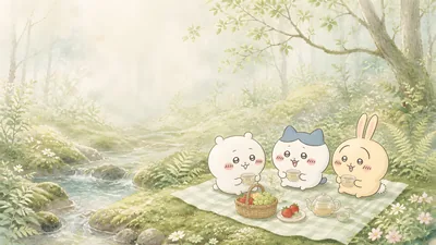 Chiikawa, Hachiware, and Usagi picnic by a forest stream for PC Wallpaper