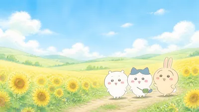 Chiikawa, Hachiware, and Usagi walking in a sunflower field for PC Wallpaper