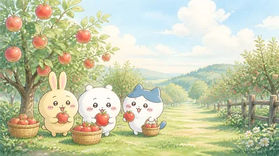Chiikawa, Hachiware, and Usagi picking apples in an orchard for PC Wallpaper