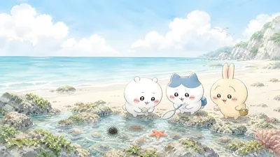 Chiikawa, Hachiware, Usagi exploring a tide pool for PC Wallpaper