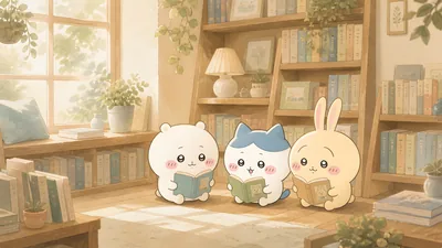 Chiikawa, Hachiware and Usagi reading in a cozy library for PC Background