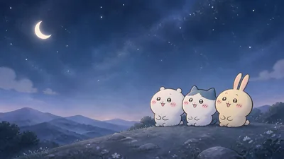Chiikawa, Hachiware, Usagi under starry night sky for PC Wallpaper
