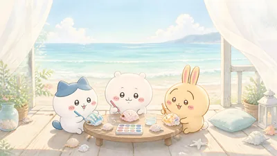 Chiikawa, Hachiware, and Usagi painting seashells on a beach for PC Background