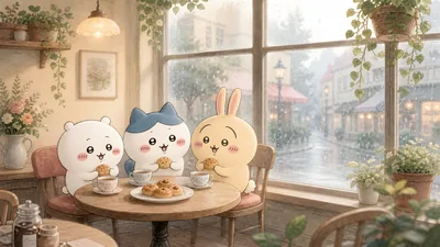 Chiikawa, Hachiware, Usagi having tea in a cozy rainy cafe for PC Wallpaper