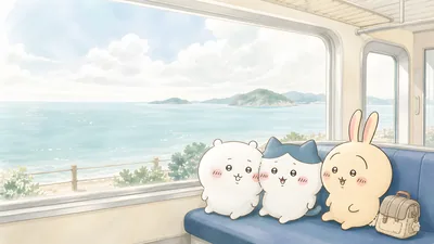 Chiikawa, Hachiware, and Usagi riding a train by the ocean for PC Wallpaper