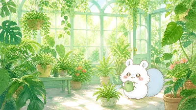 Momonga watering plants in a sunny greenhouse for PC Wallpaper