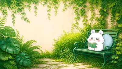 Cute Momonga reading a book on a garden bench for PC Wallpaper