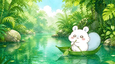 Momonga rowing a leaf boat in a lush green jungle river for PC Wallpaper