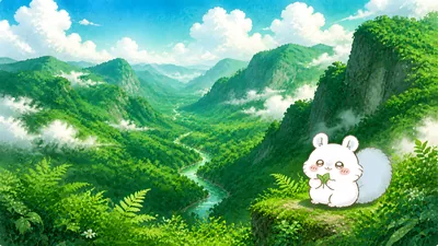 Momonga holding a leaf overlooking a lush green valley for PC 4K Image